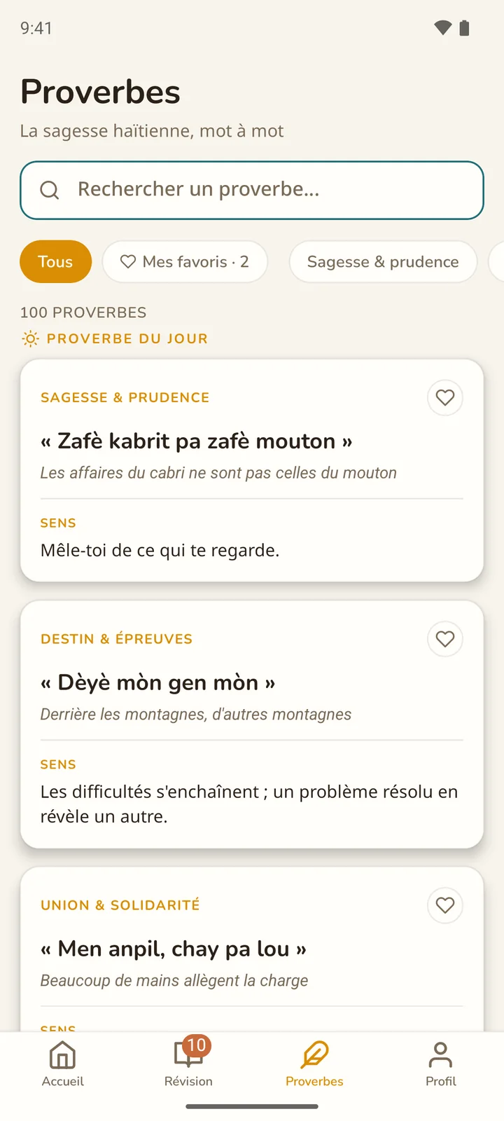 Écran Proverbes : 100 proverbes, classés par thème, avec leur sens