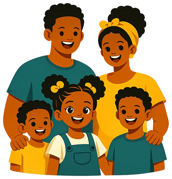 Une famille haïtienne souriante : les parents et leurs trois enfants
